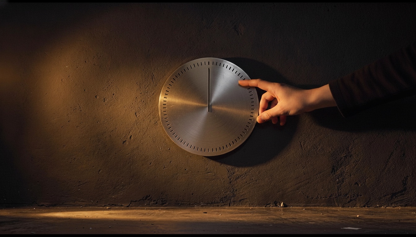 Scene one: a hand reaching to a plain brushed-metal dial on a rough dark wall, lit warm from the left.