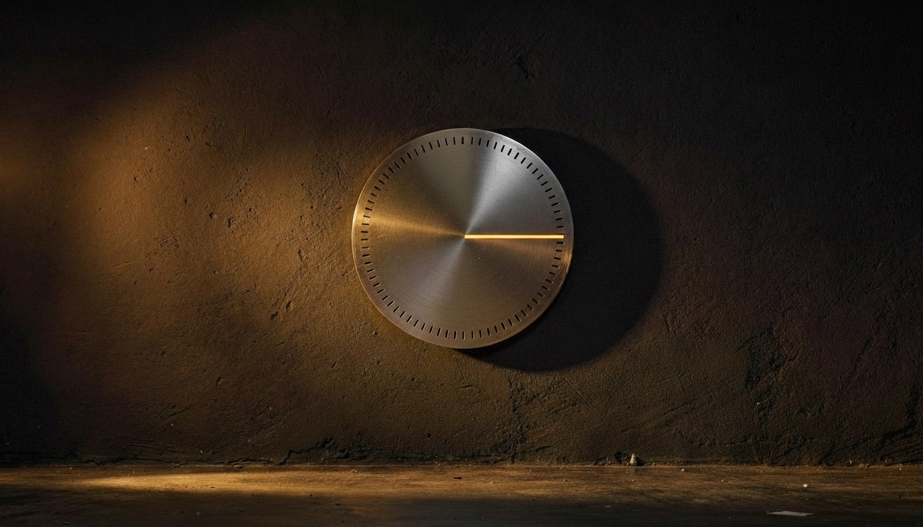 Scene eleven: the same dial on the same wall in the same light, with no hand and the mark now horizontal and amber.